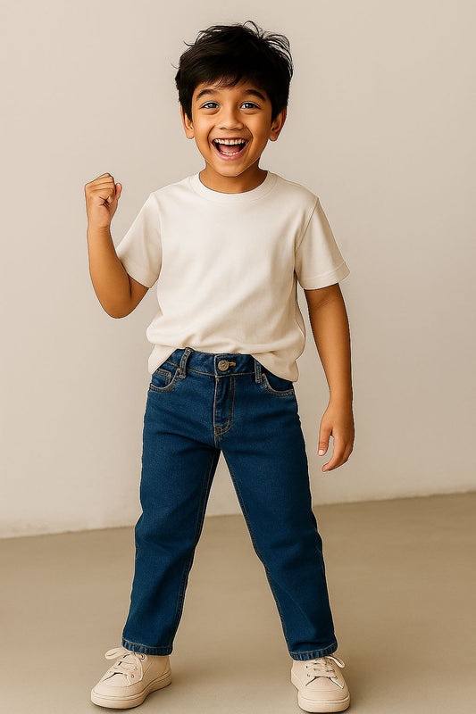 Boys Lycra Denim Washed Blue Straight Fit Jeans