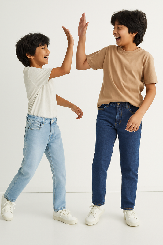 Boys Slim Fit Stretchable Denim Lycra Jeans – Pack of 2 (Blue & Light Blue)