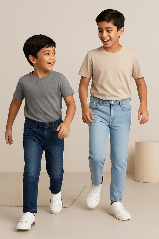 Boys Slim Fit Stretchable Denim Lycra Jeans – Pack of 2 (Dark Blue & Light Blue)