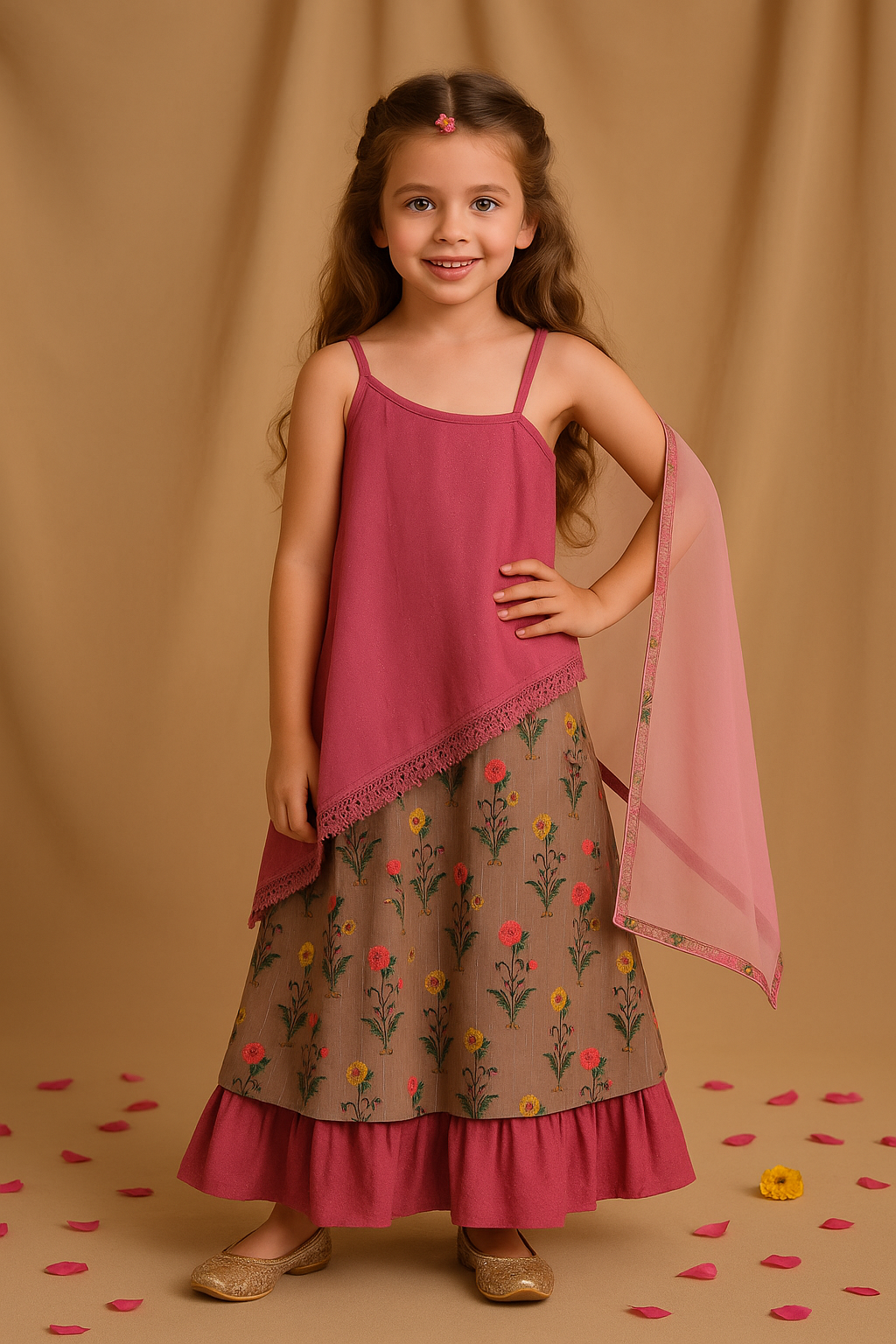 Girls Marron Printed Dress