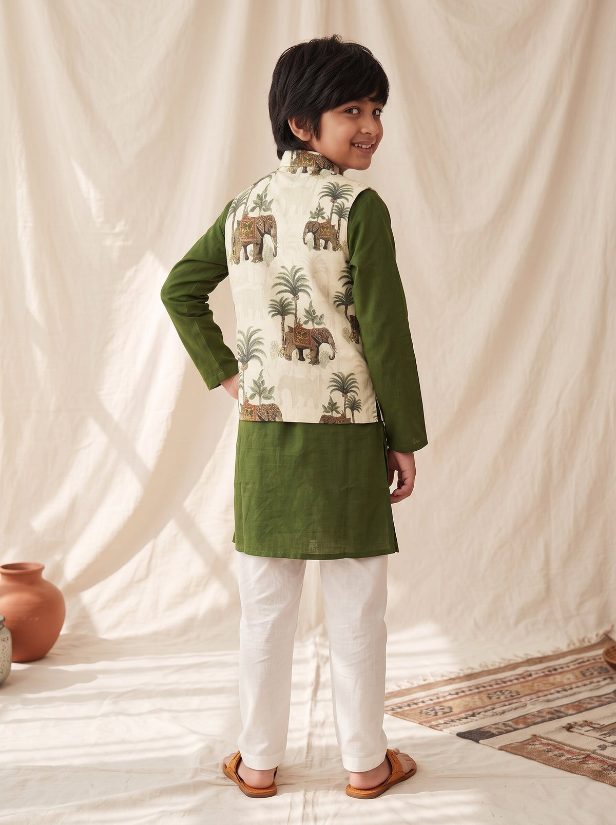 Boys Cream Green Viscose Printed Kurta Pyjama With Koti
