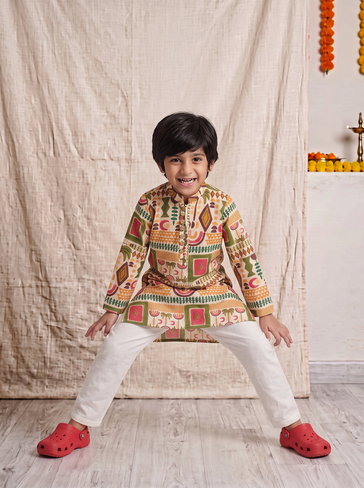 Boys Multicolor Printed Cotton Kurta Pyjama Set