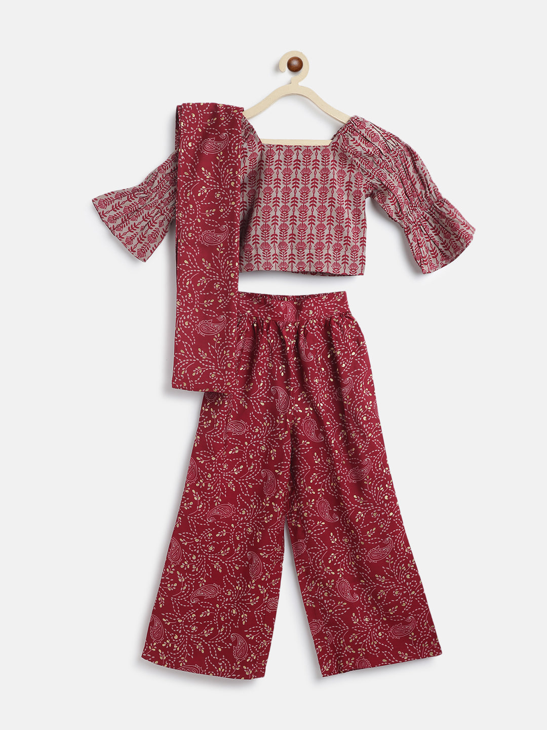 Girls Maroon Viscose Printed Top & Bottom Set