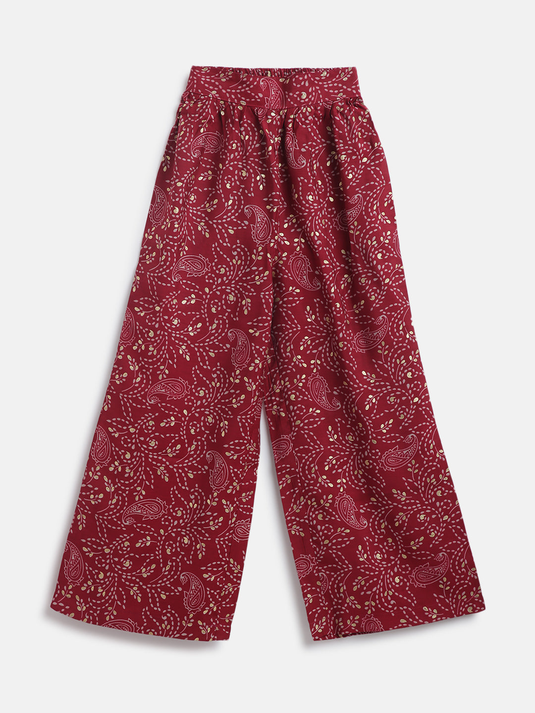 Girls Maroon Viscose Printed Top & Bottom Set