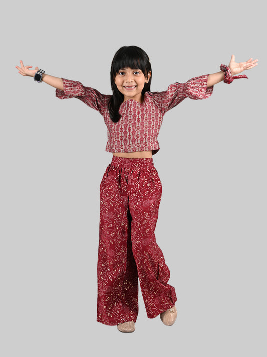 Girls Maroon Viscose Printed Top & Bottom Set