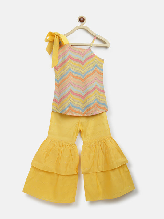 Girls Multiprint & Yellow Viscose & Poly Stripe One Shoulder Crop Top With Sharara