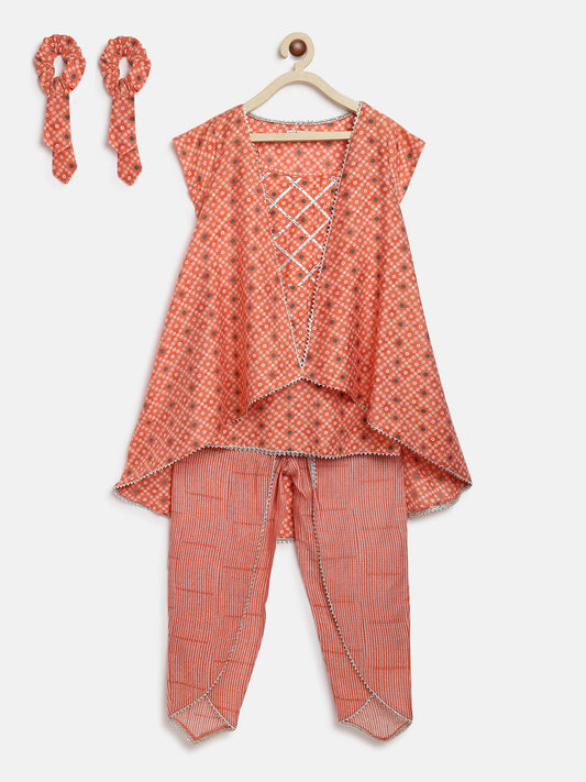 Girls Peach Viscose Regular Fit Printed Cropped Top With Dhoti