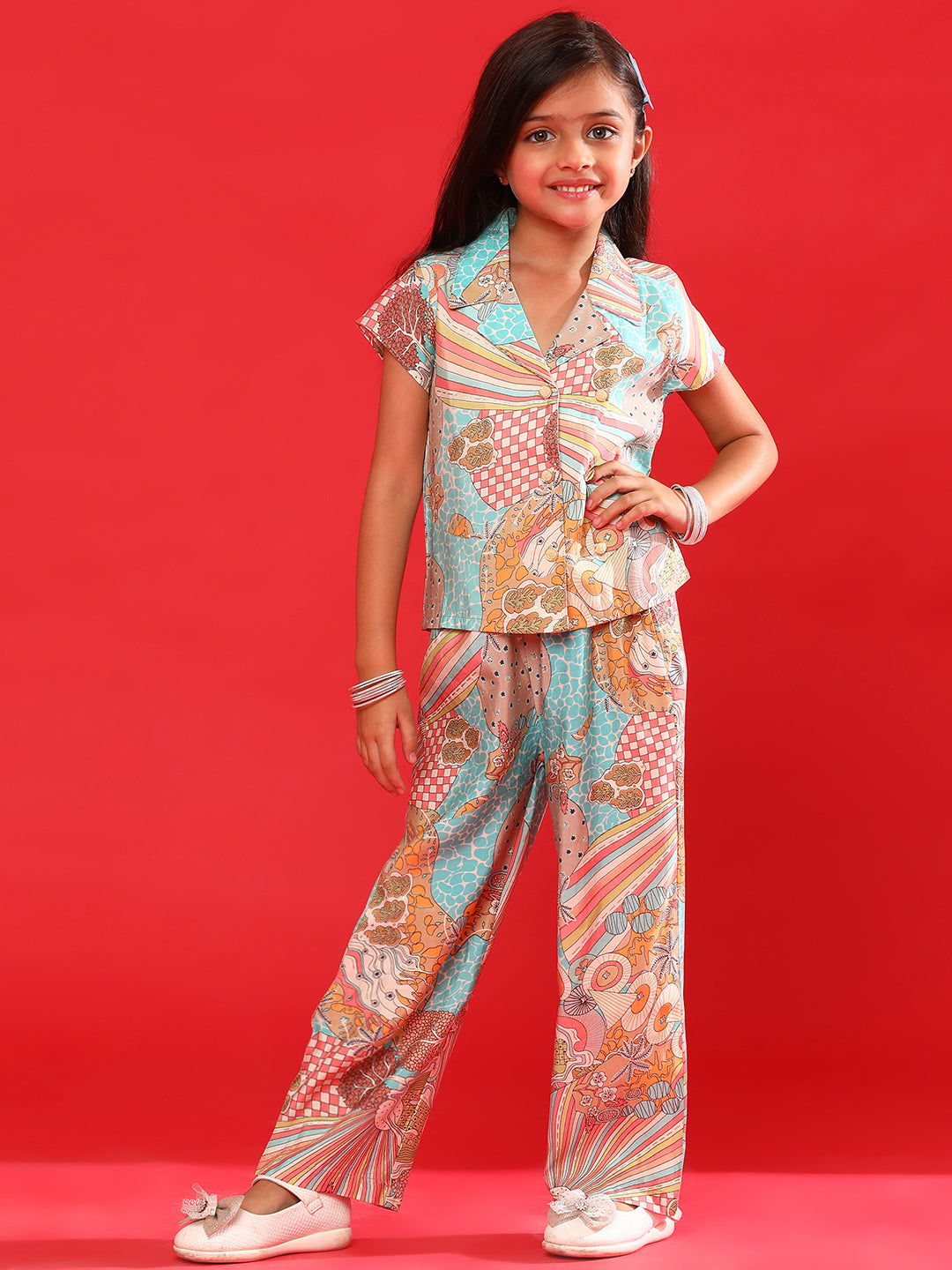 Girls Multi Color Rayon Printed Top With Pant Co-Ord Set