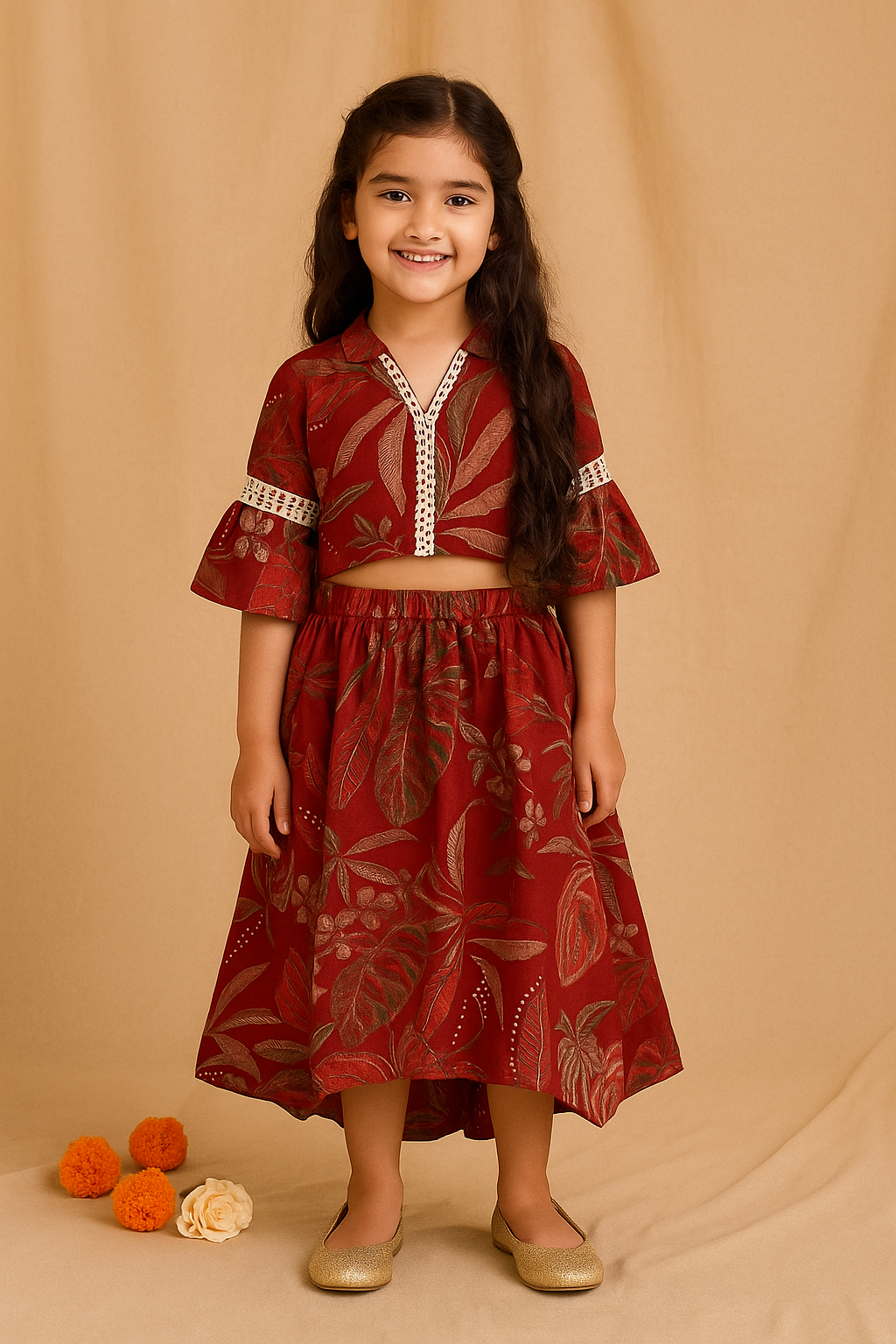 Girls Maroon Cotton Floral Top & Skirt Set