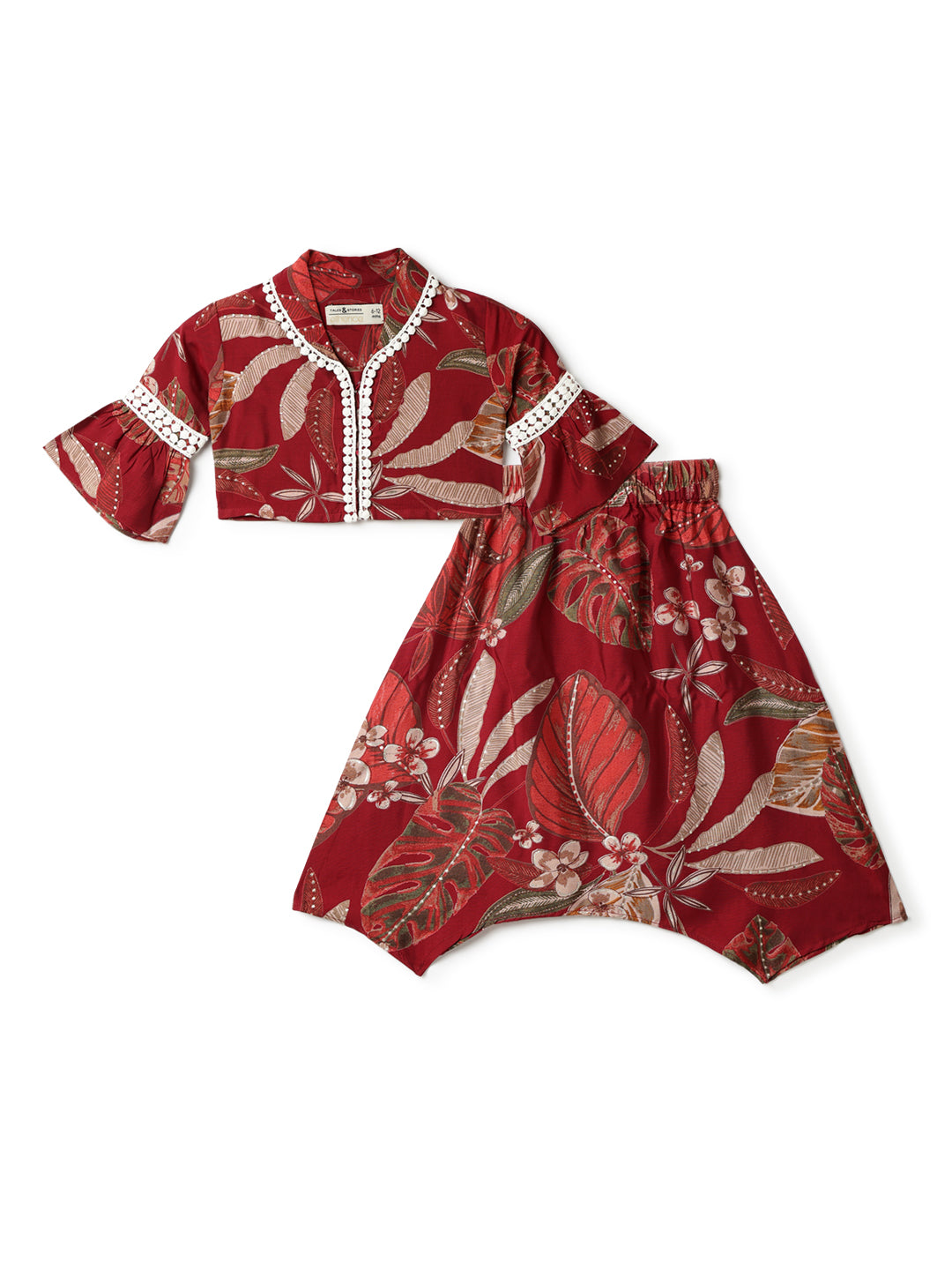 Girls Maroon Cotton Floral Top & Skirt Set