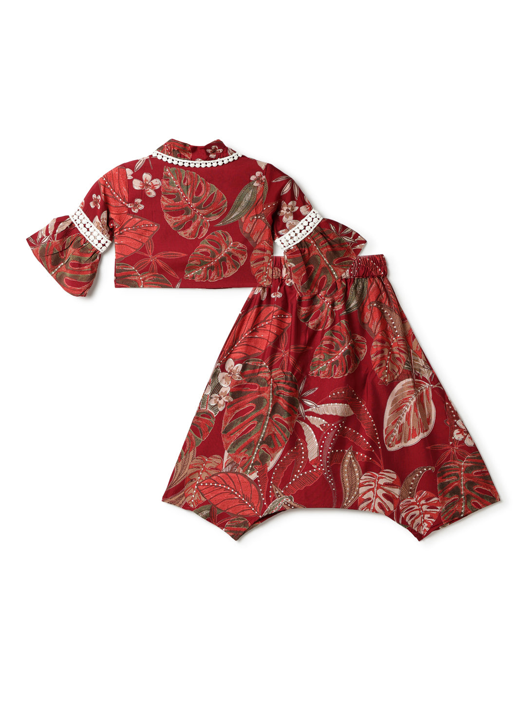 Girls Maroon Cotton Floral Top & Skirt Set
