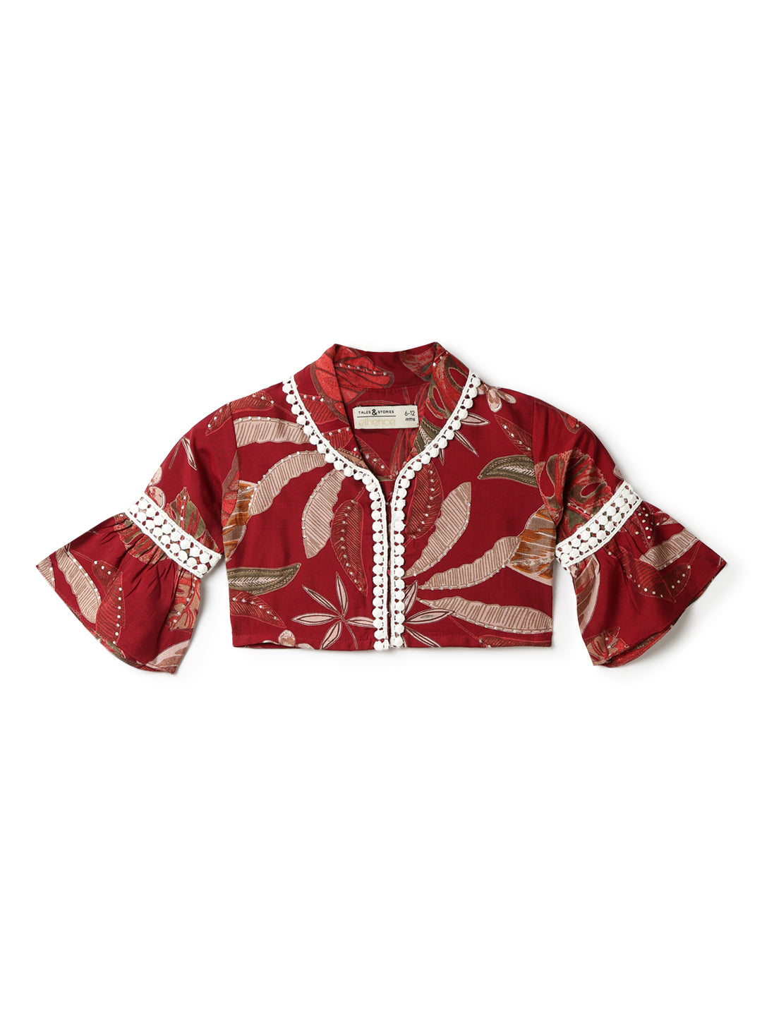 Girls Maroon Cotton Floral Top & Skirt Set
