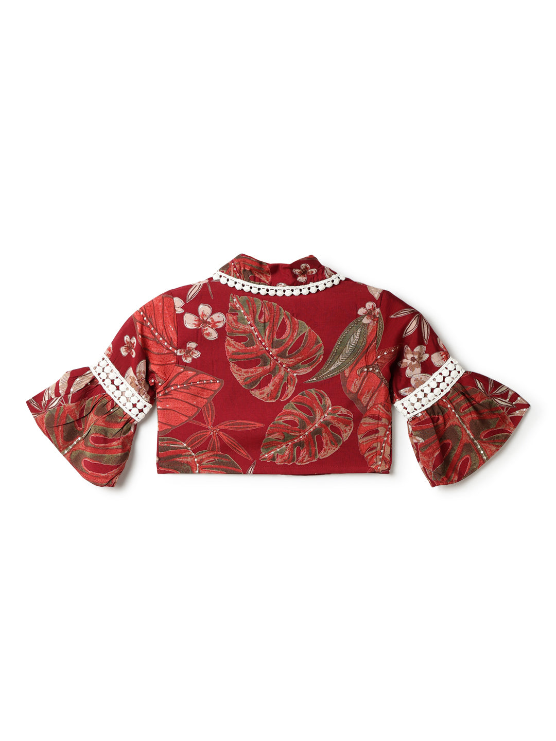 Girls Maroon Cotton Floral Top & Skirt Set