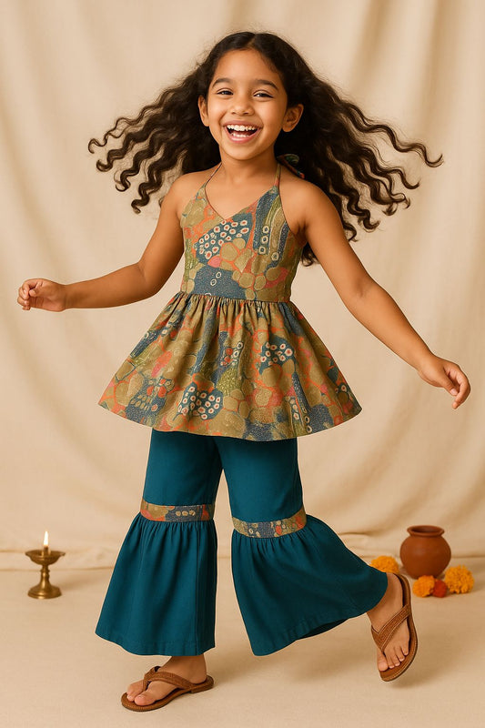 Girls Olive Viscose Polyester Print Top & Sharara Set