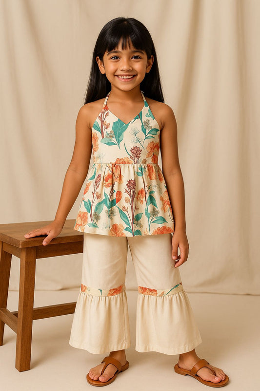 Girls Off White Viscose Polyester Print Top & Sharara Set