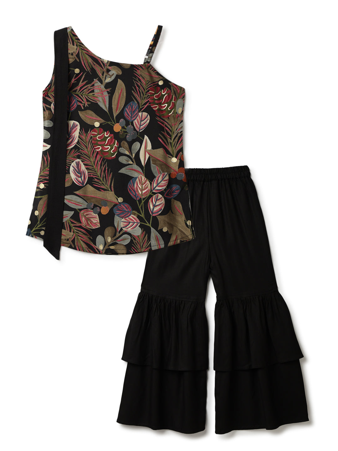 Girls Viscose Black Floral Printed Top & Sharara Set