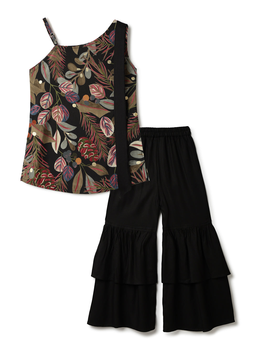 Girls Viscose Black Floral Printed Top & Sharara Set