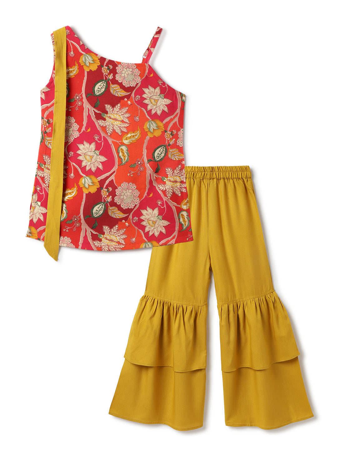 Girls Pink Top & Yellow Sharara Floral Printed Ethnic Set