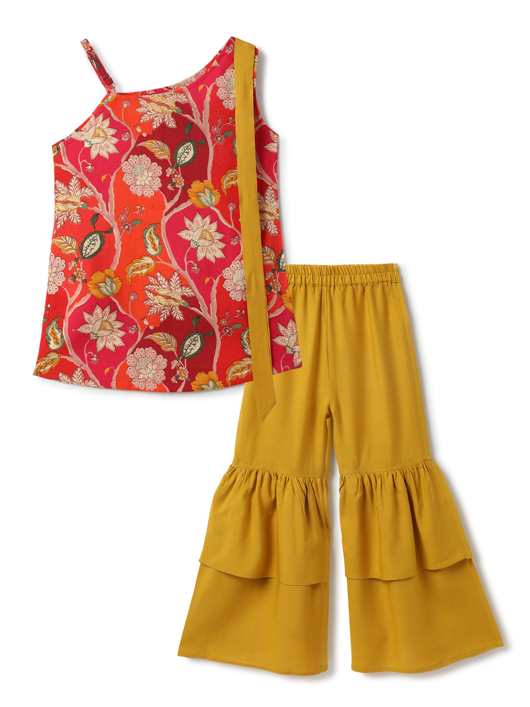 Girls Pink Top & Yellow Sharara Floral Printed Ethnic Set