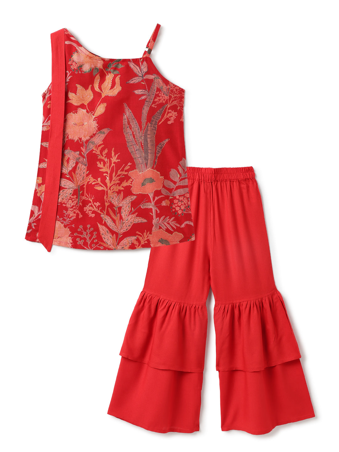 Girls Red Top & Sharara Floral Printed Ethnic Set