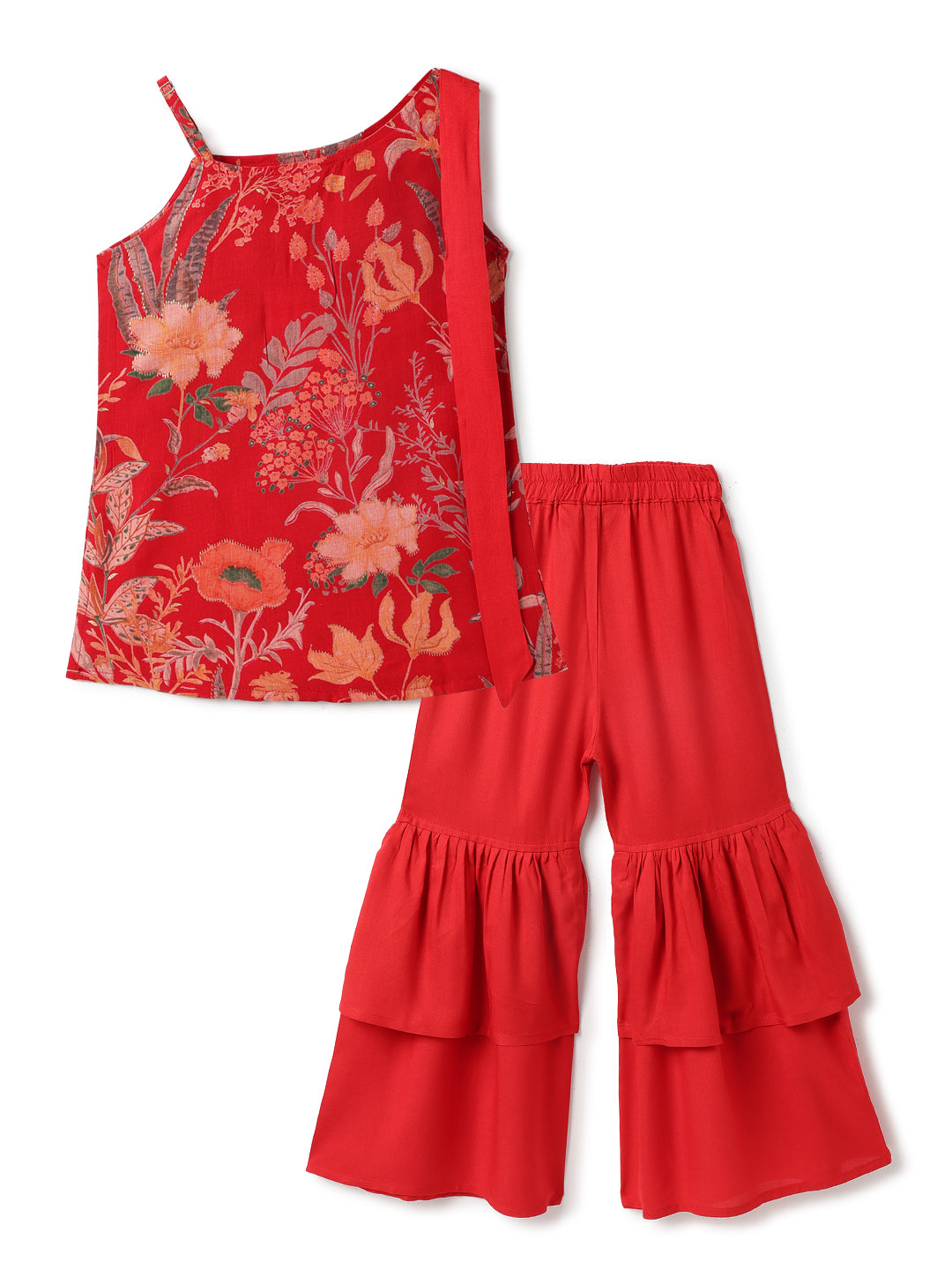 Girls Red Top & Sharara Floral Printed Ethnic Set