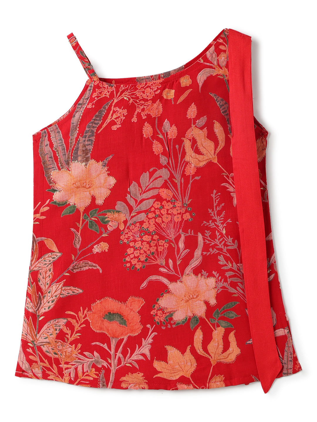 Girls Red Top & Sharara Floral Printed Ethnic Set