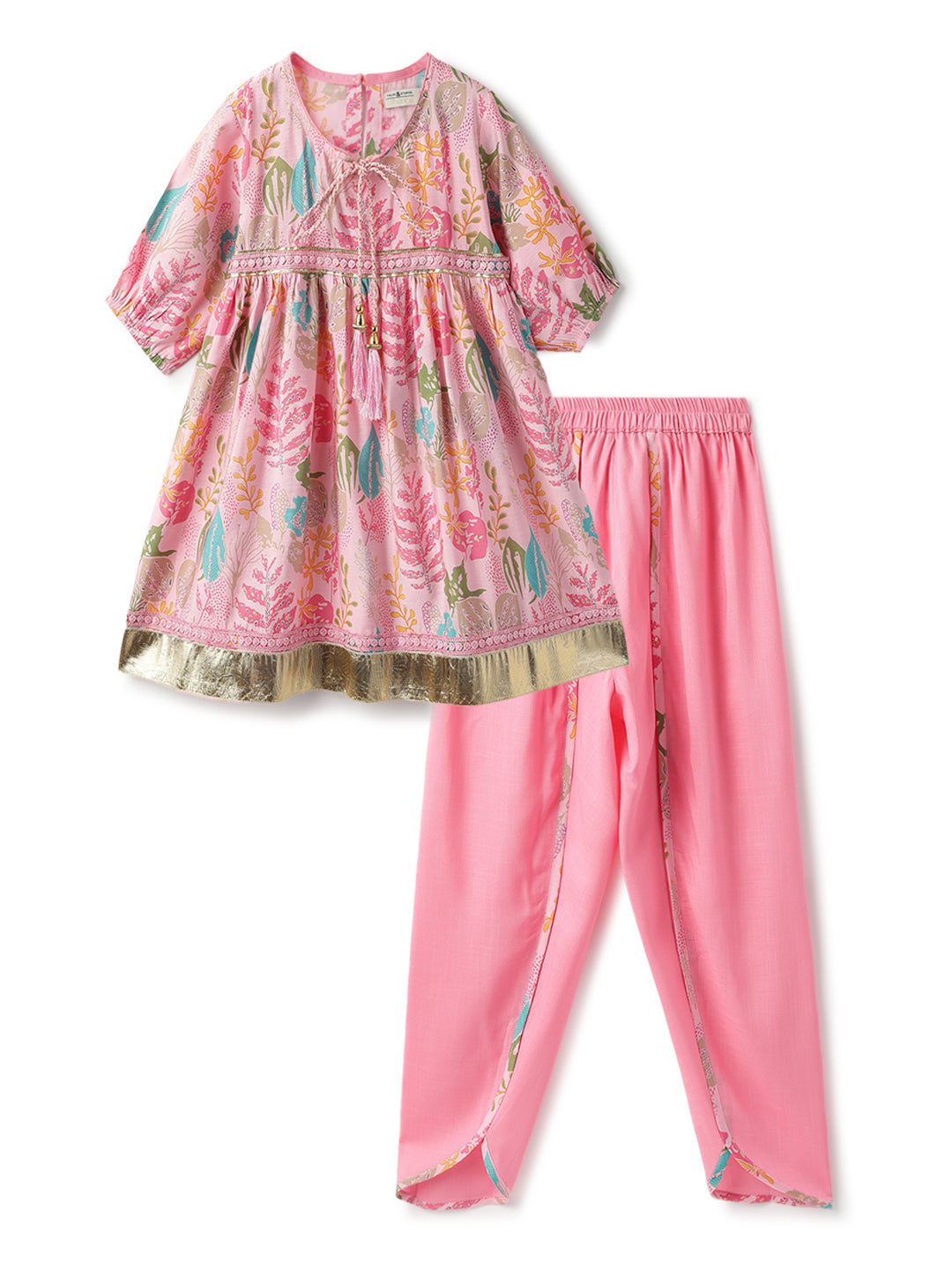 Girls Pink Printed Viscose Polyester Ethnic Top & Dhoti Pant Ethnic Set