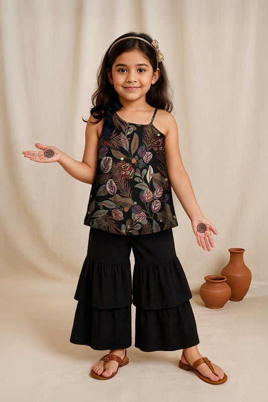 Girls Viscose Black Floral Printed Top & Sharara Set