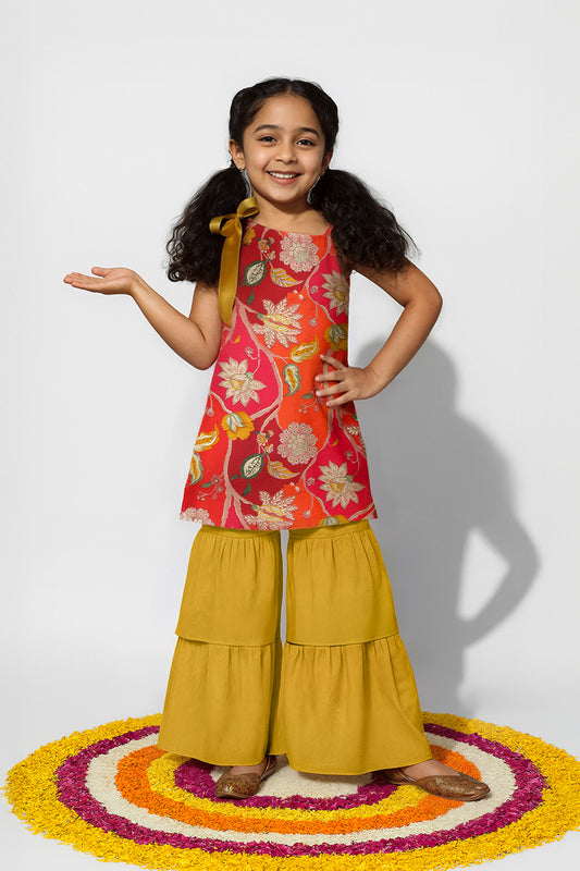 Girls Pink Top & Yellow Sharara Floral Printed Ethnic Set