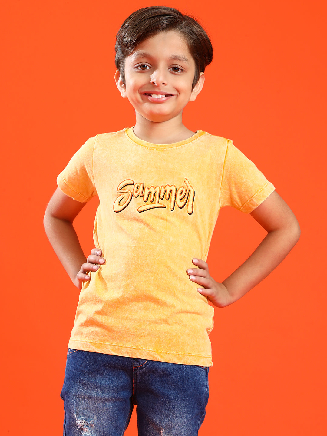 Boys Mustard Yellow 100% Cotton Printed T-shirt