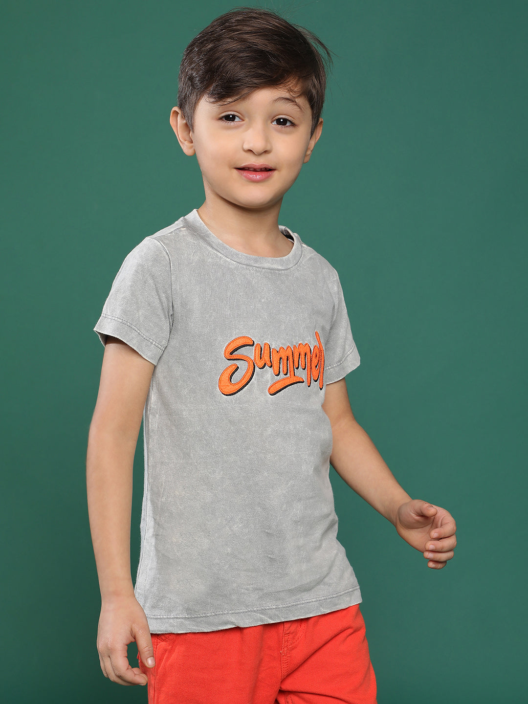Boys Light Grey Embroidery Cotton T-shirt