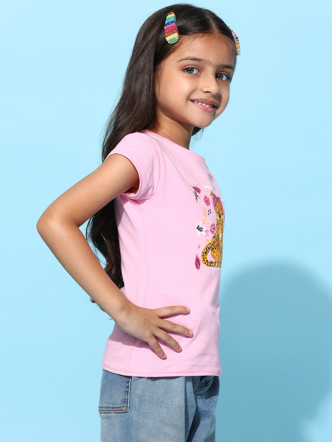 Girls Light Pink Lycra Printed Regular Fit T-shirt