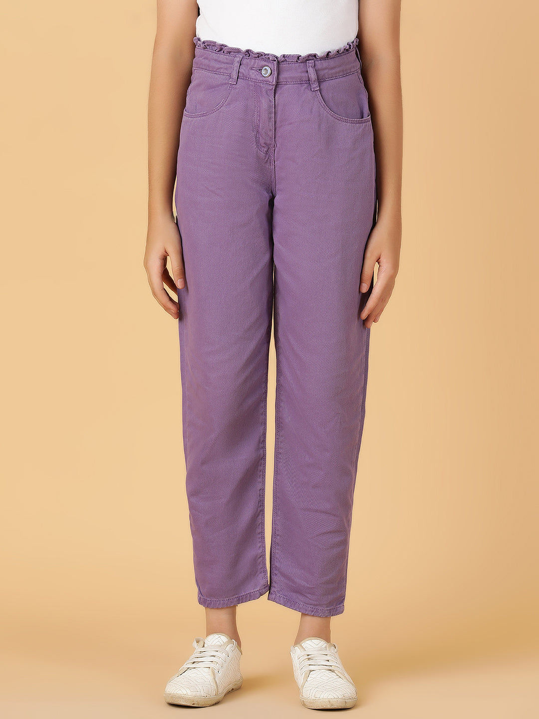 Girls Purple Solid Cotton Jeans