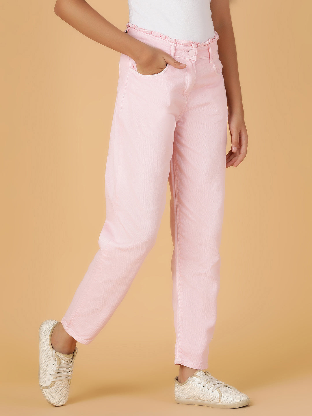 Girls Pink Solid Cotton Jeans