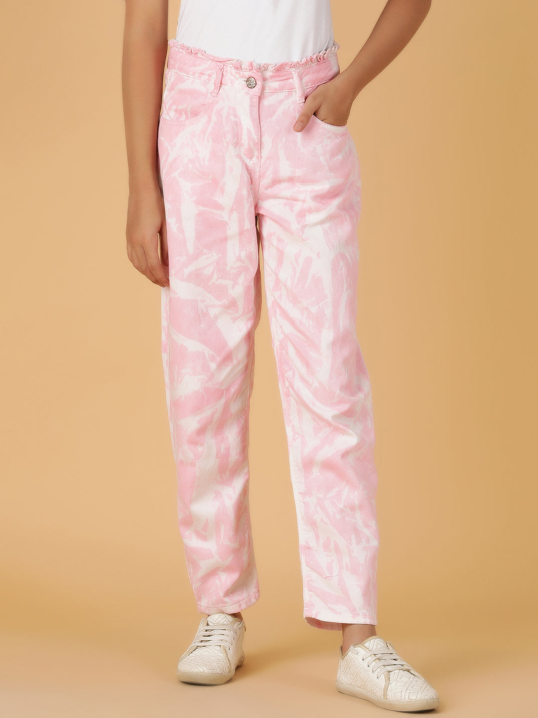 Girls Pink Tie & Dye Cotton Jeans