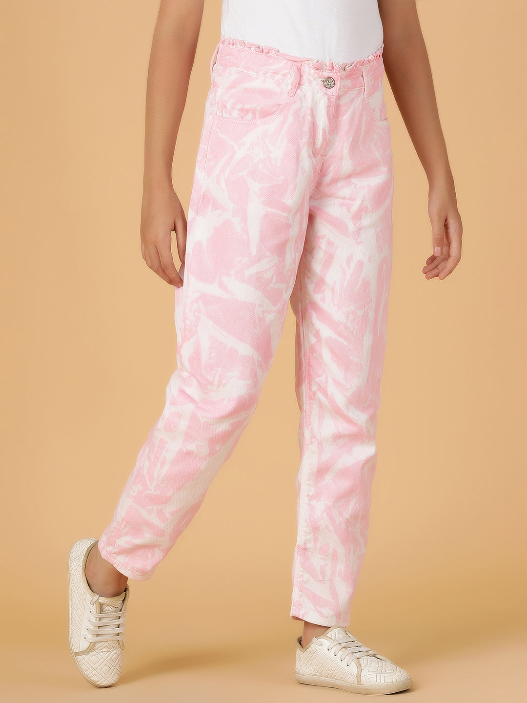 Girls Pink Tie & Dye Cotton Jeans
