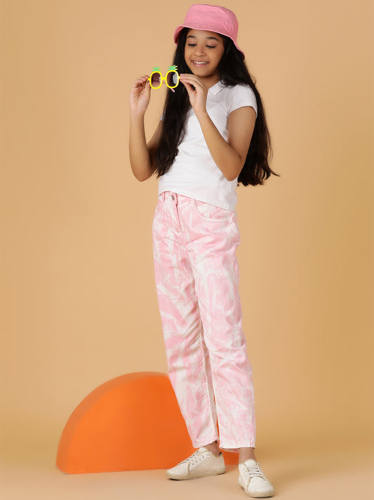 Girls Pink Tie & Dye Cotton Jeans