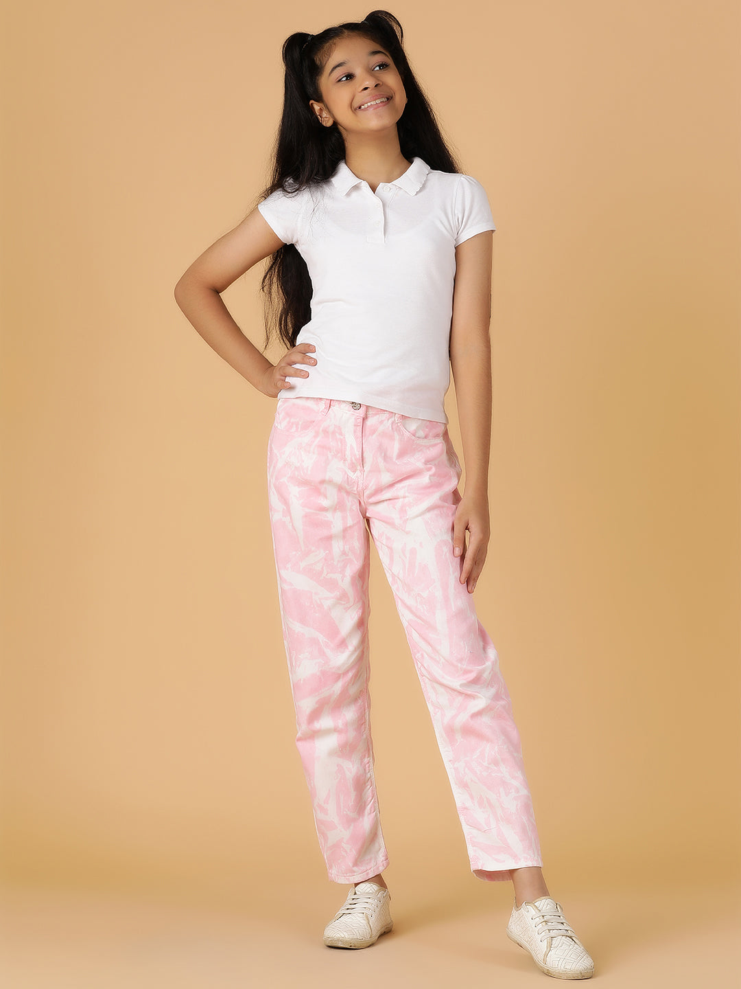 Girls Pink Tie & Dye Cotton Jeans