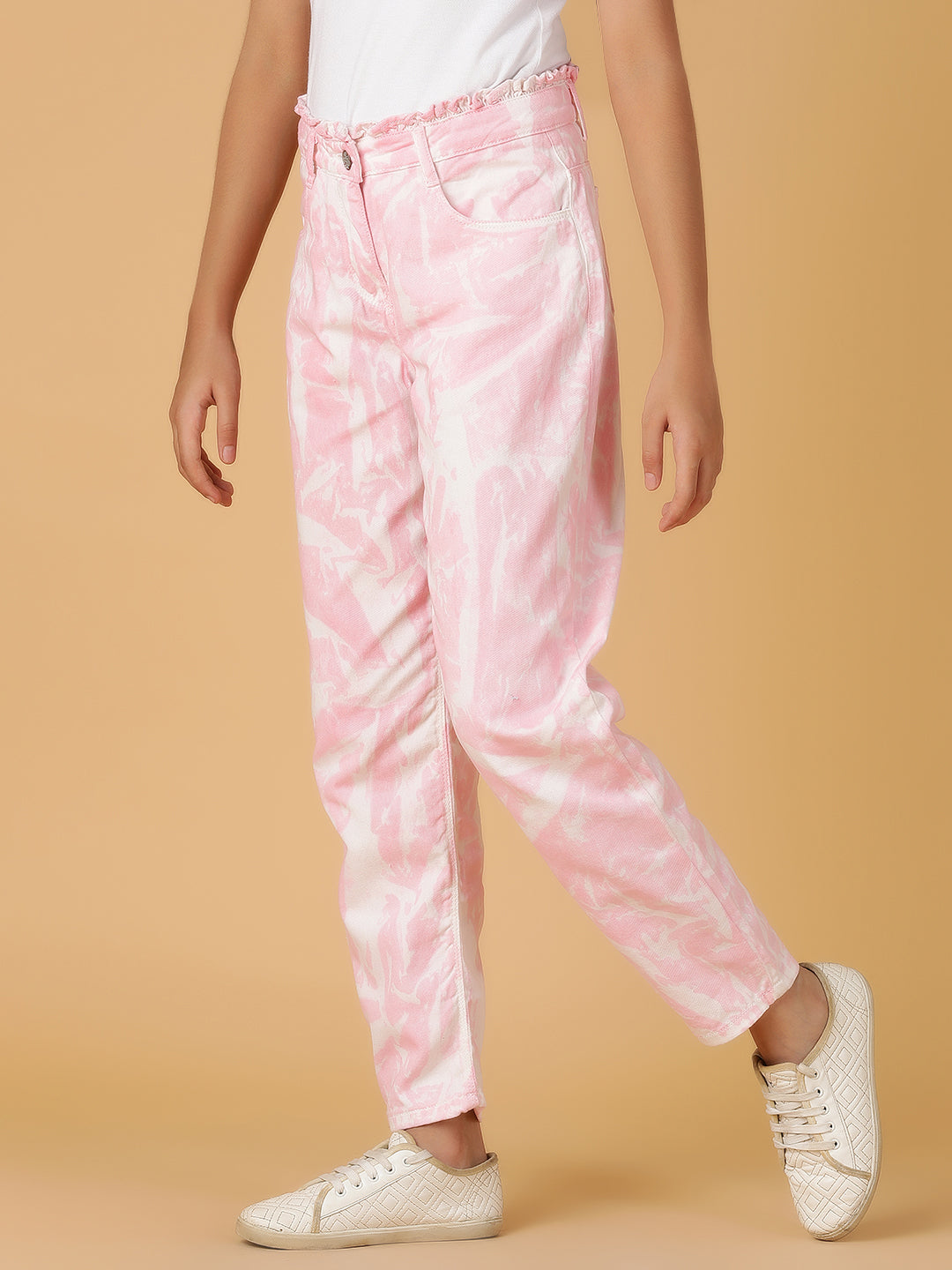 Girls Pink Tie & Dye Cotton Jeans