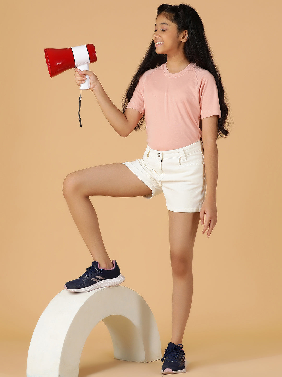 Girls White Solid Cotton Casual Shorts