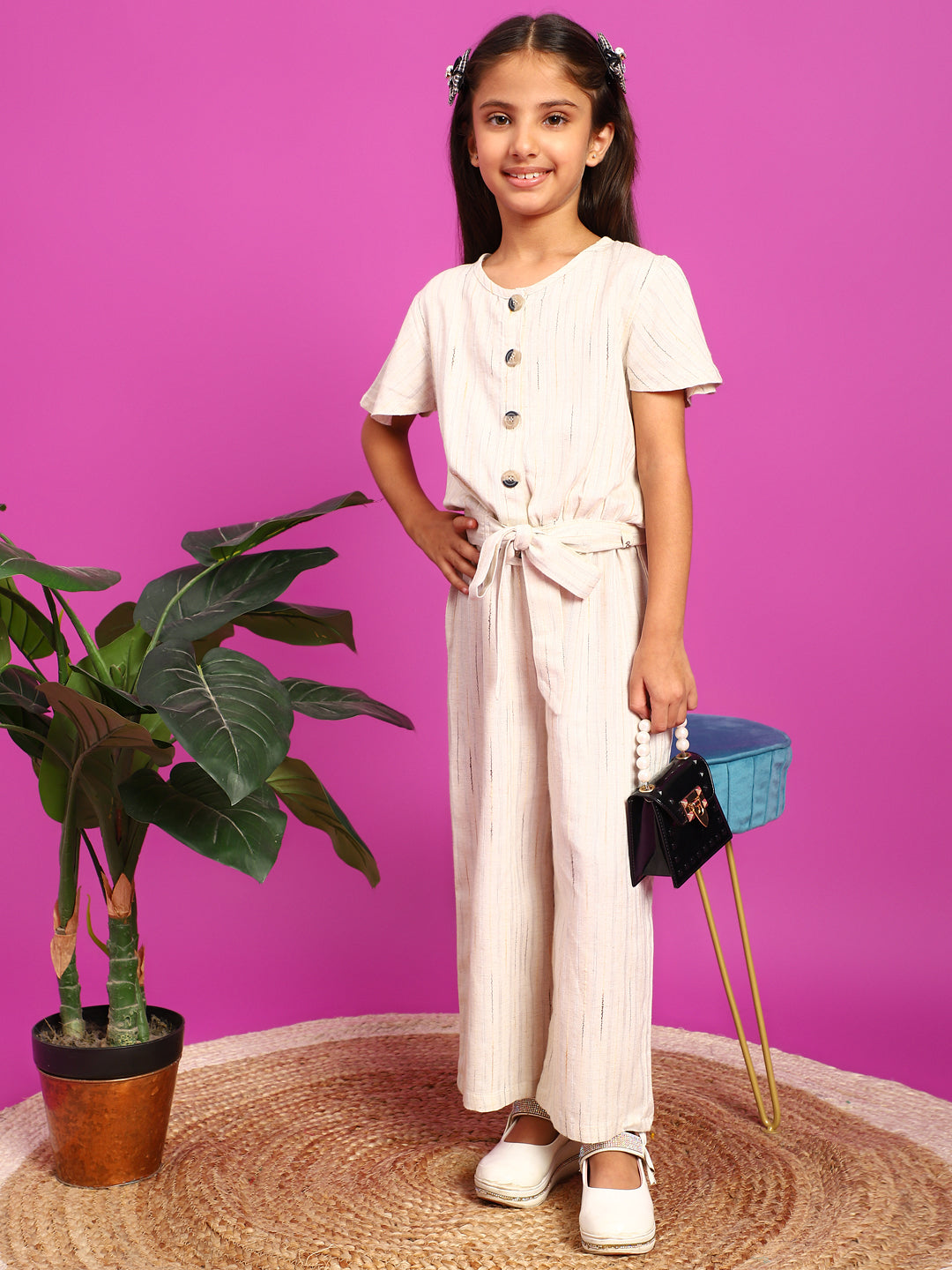 Girls Cream Rayon Slub Top With Palazzo Co-Ord Set