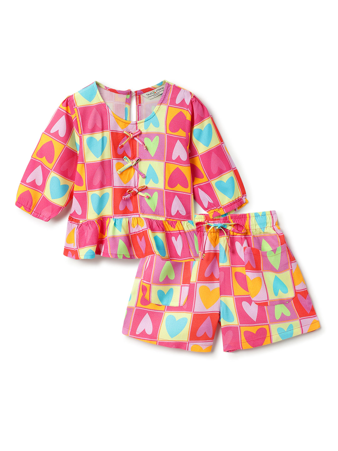 Girls Pink Viscose Casual Half Sleeve Top & Shorts Printed Co- Ord Set