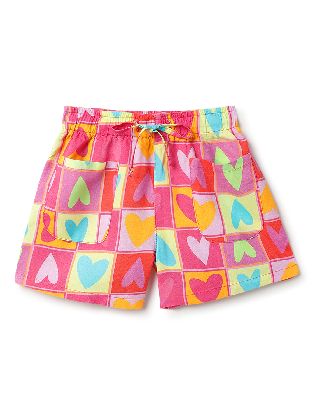 Girls Pink Viscose Casual Half Sleeve Top & Shorts Printed Co- Ord Set