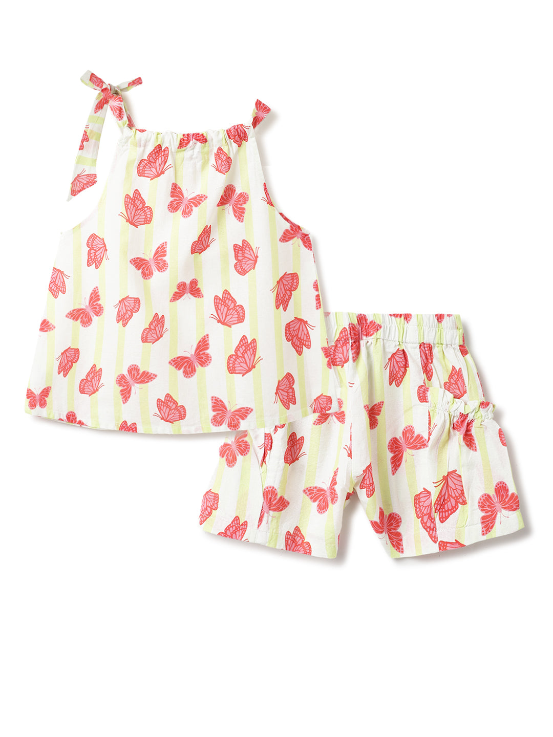 Girls Cotton Red & Yellow Stripes Printed Co-ords Set