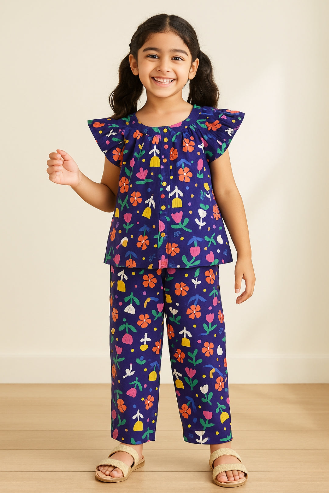 Girls Navy Blue Printed Cotton Cap Sleeve Regular Fit Co Ords Set