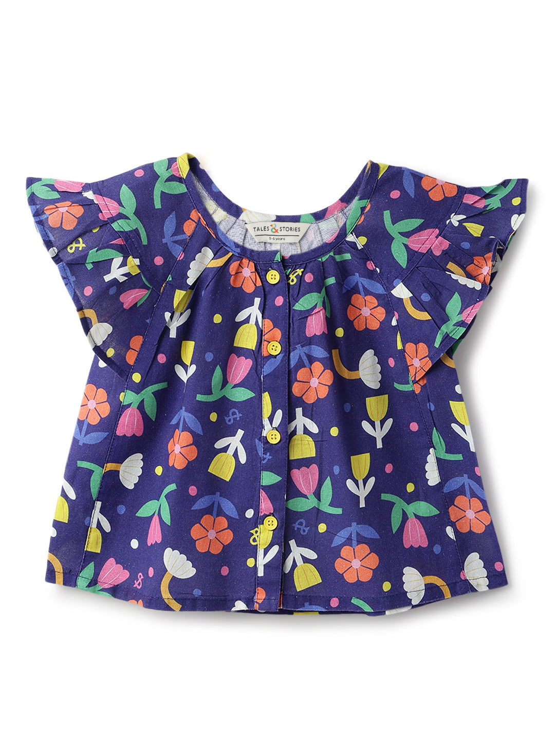 Girls Navy Blue Printed Cotton Cap Sleeve Regular Fit Co Ords Set