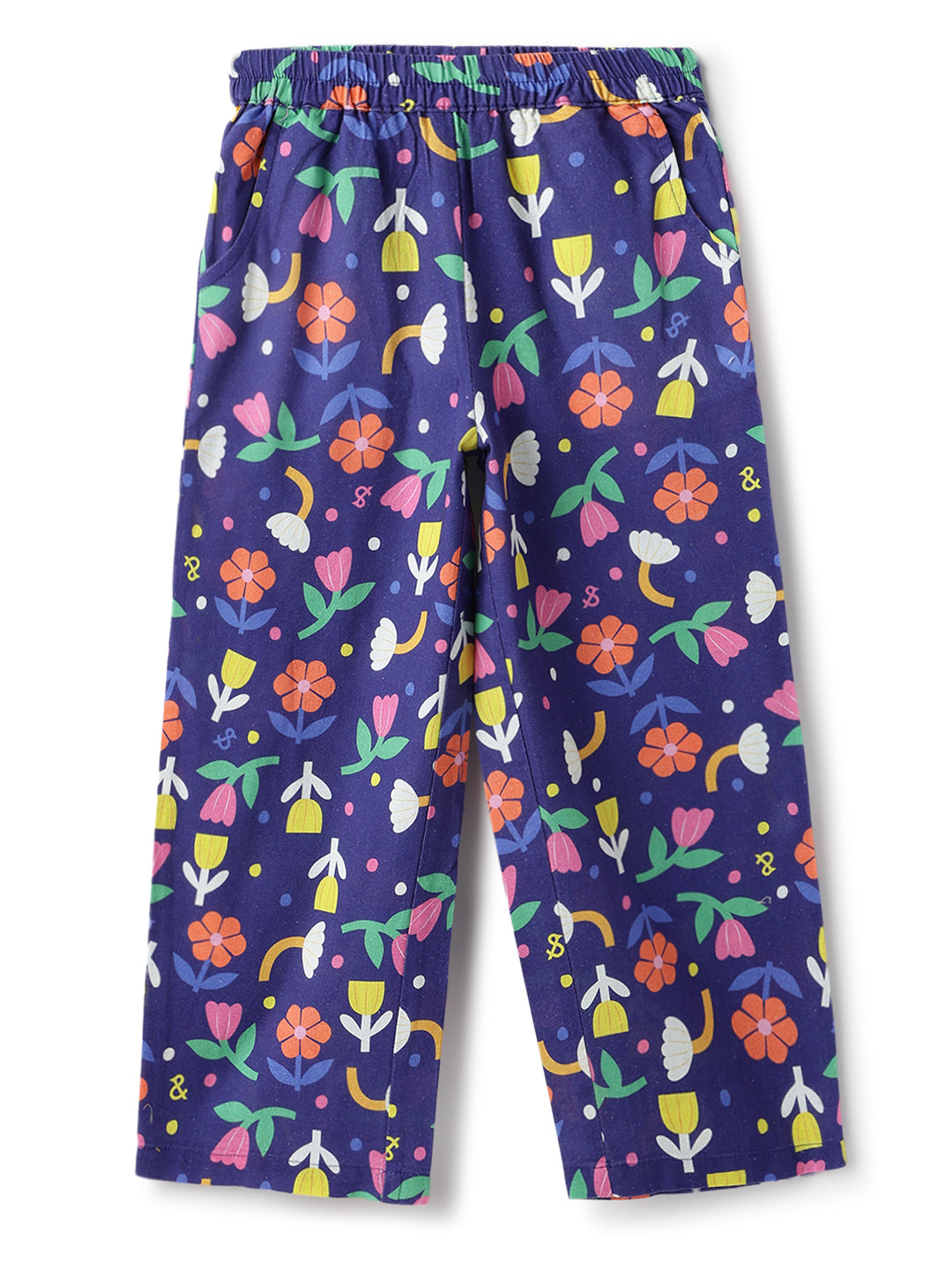 Girls Navy Blue Printed Cotton Cap Sleeve Regular Fit Co Ords Set