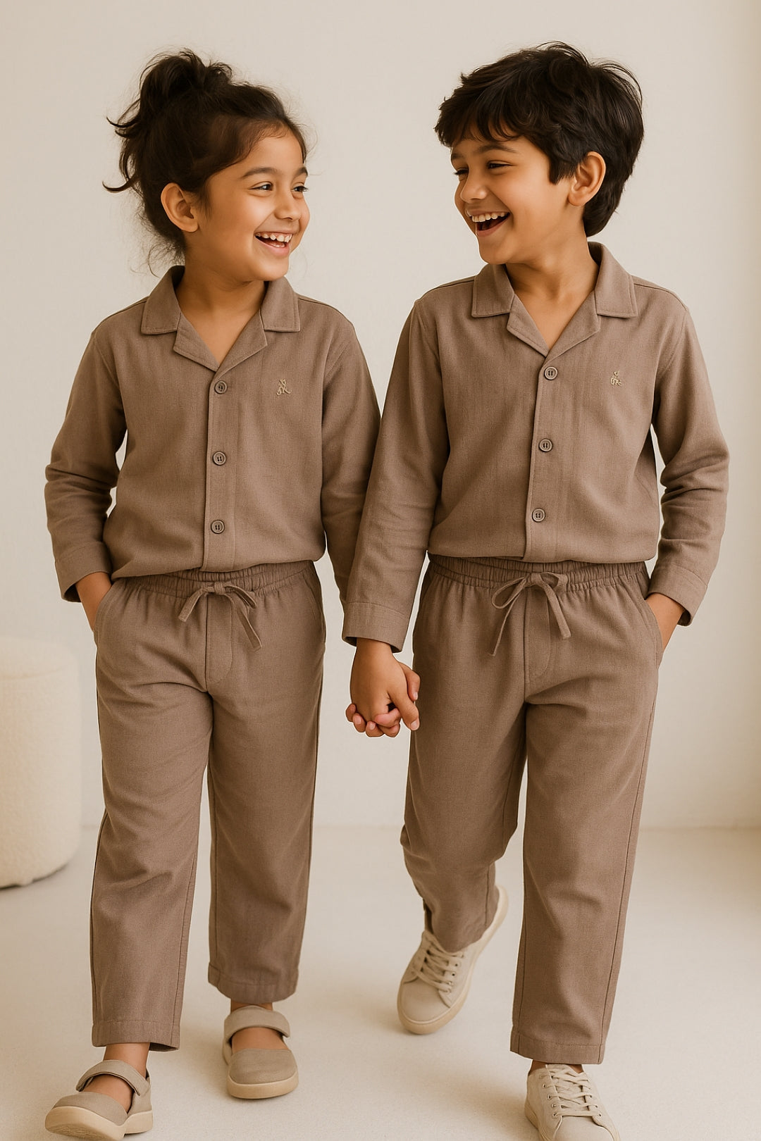Boys Cotton Linen Brown Shirt & Trouser Co-Ord Set