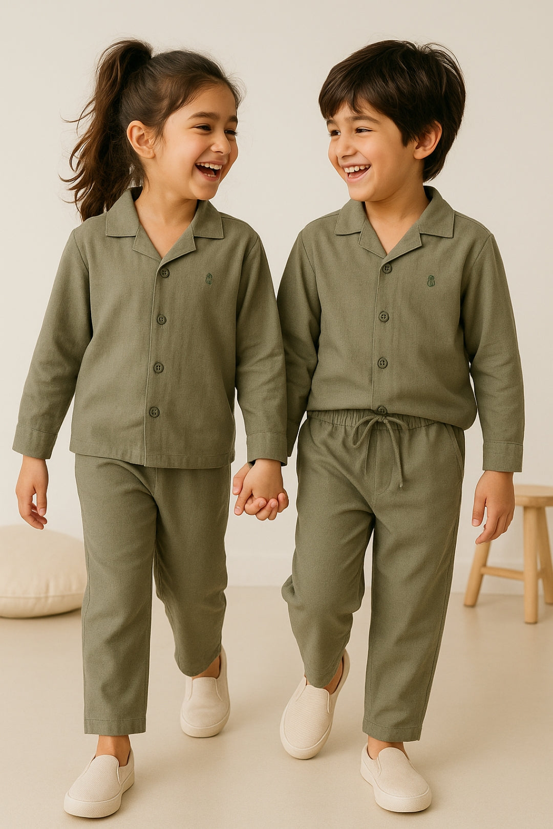 Boys Cotton Linen Olive Shirt & Trouser Co-Ord Set