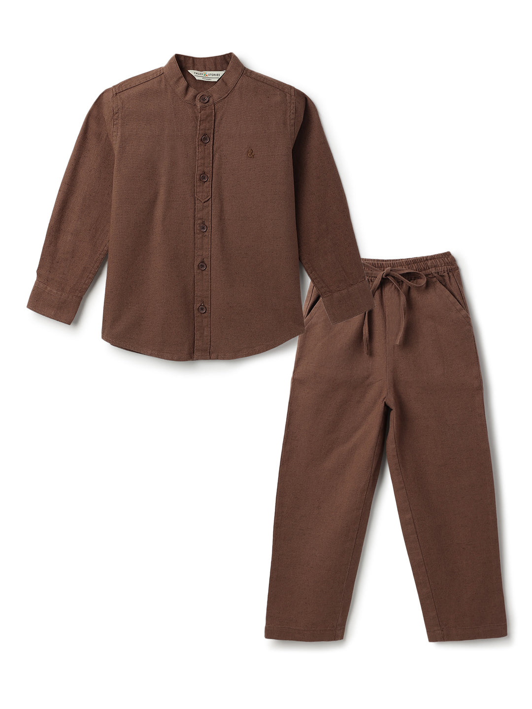 Boys & Girls Cotton Linen Brown Shirt & Trouser Co-Ord Set